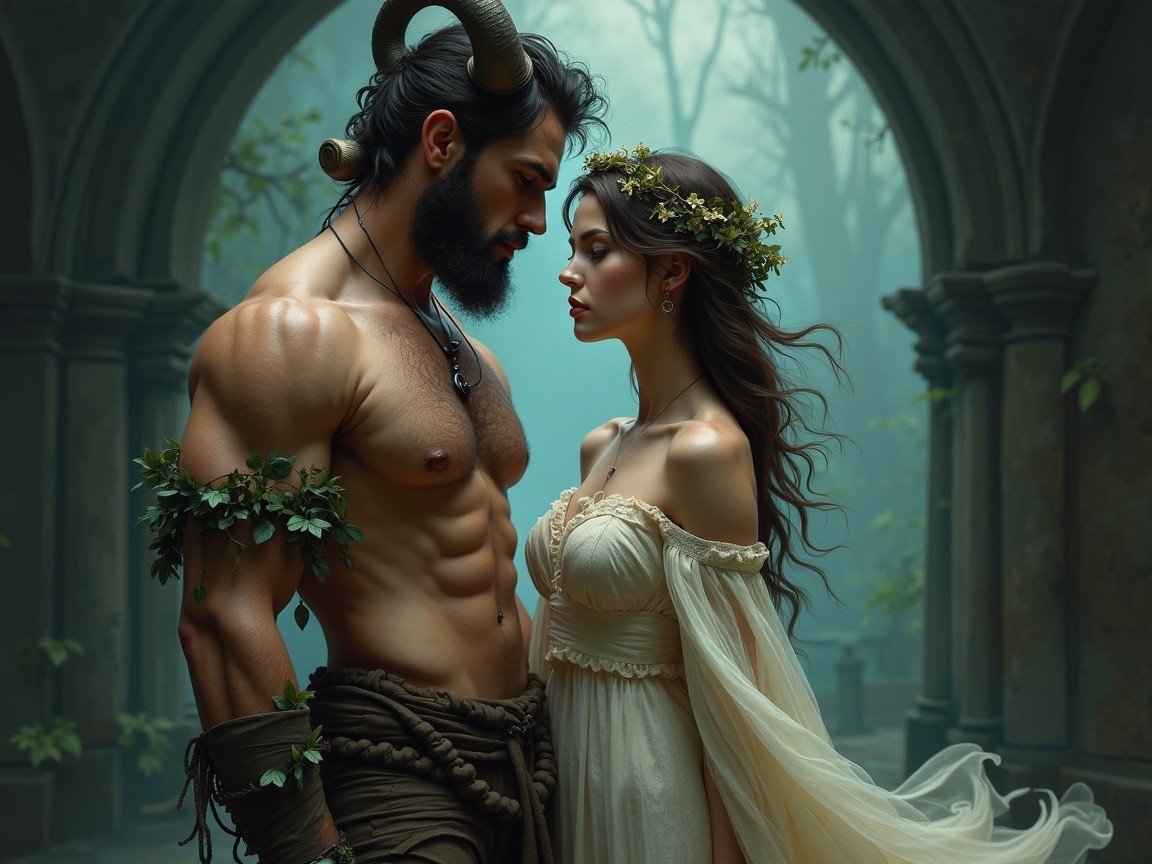 Mystical Forest Scene with Horned Figure and Woman