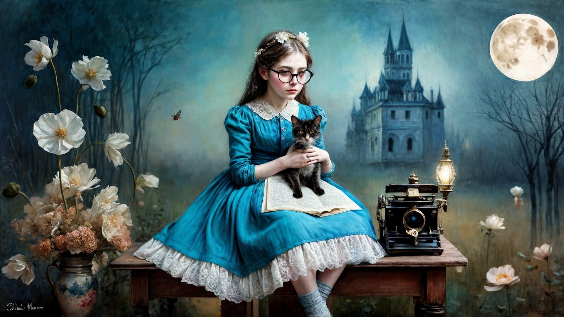 Young girl in blue dress with cat in dreamy landscape