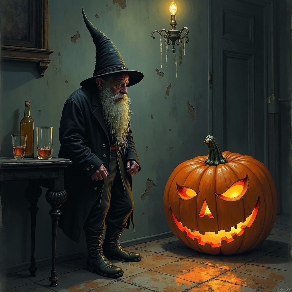 Elderly Wizard and Glowing Pumpkin in Dim Room