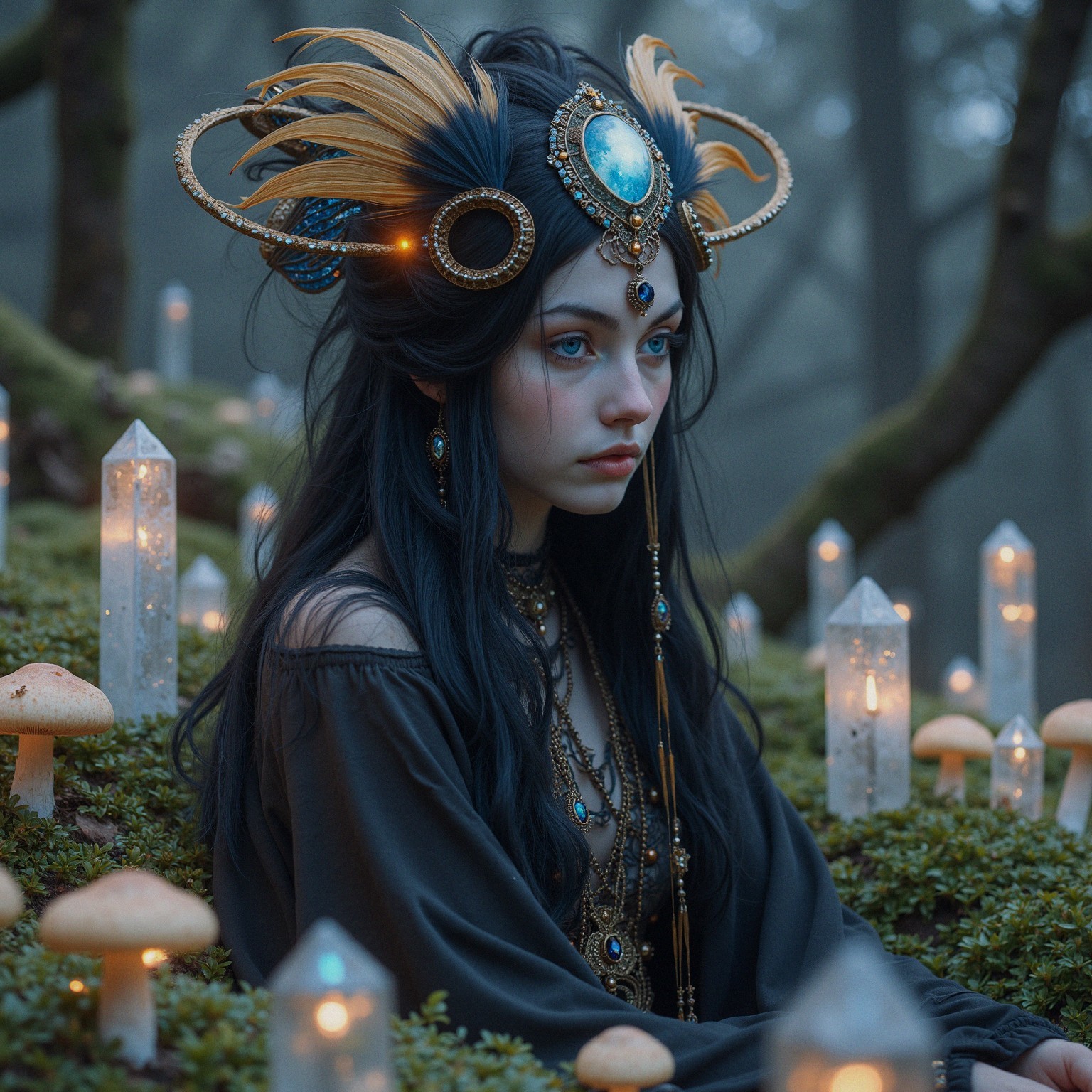 Young woman in mystical forest with crystals and mushrooms