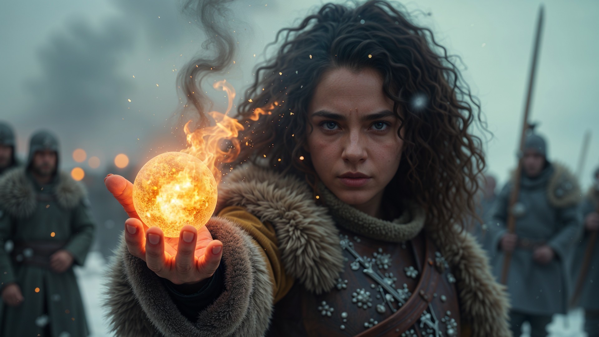 Fierce warrior with fire orb in snowy battlefield