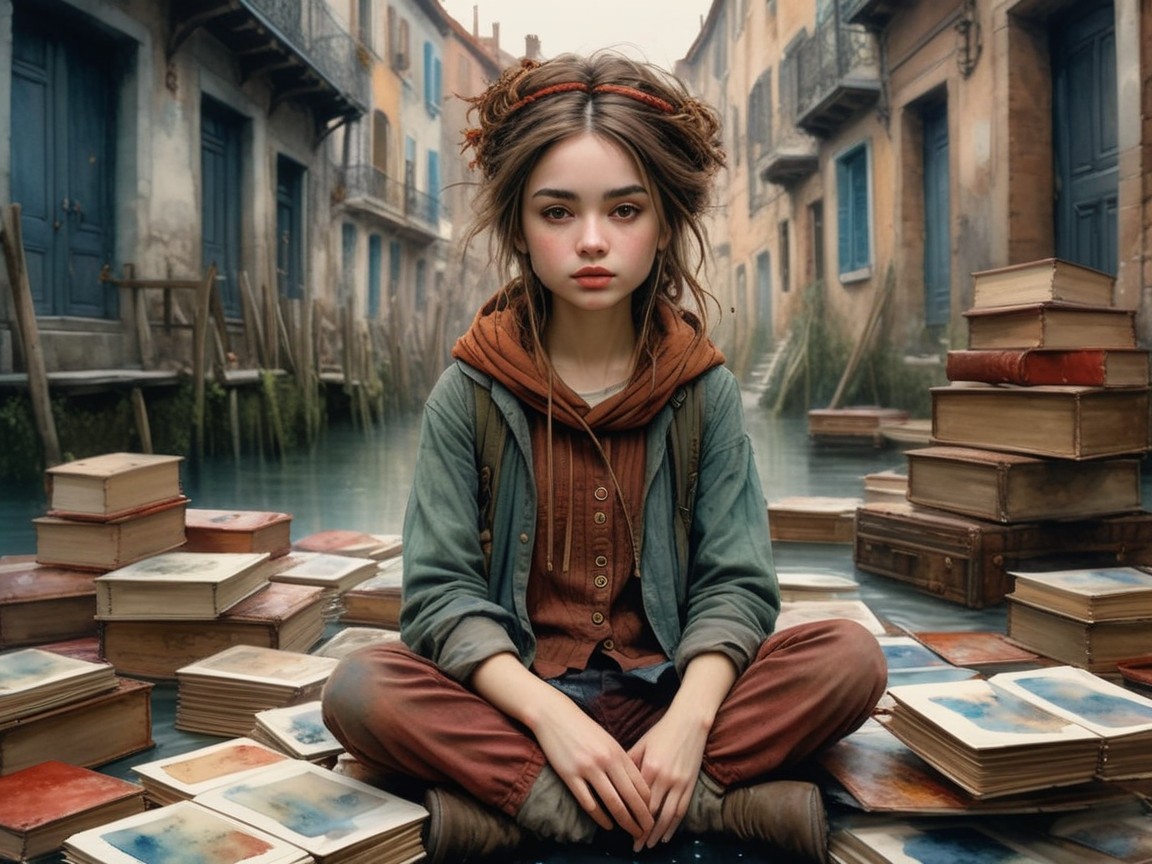 Young girl on books in a serene Venetian setting