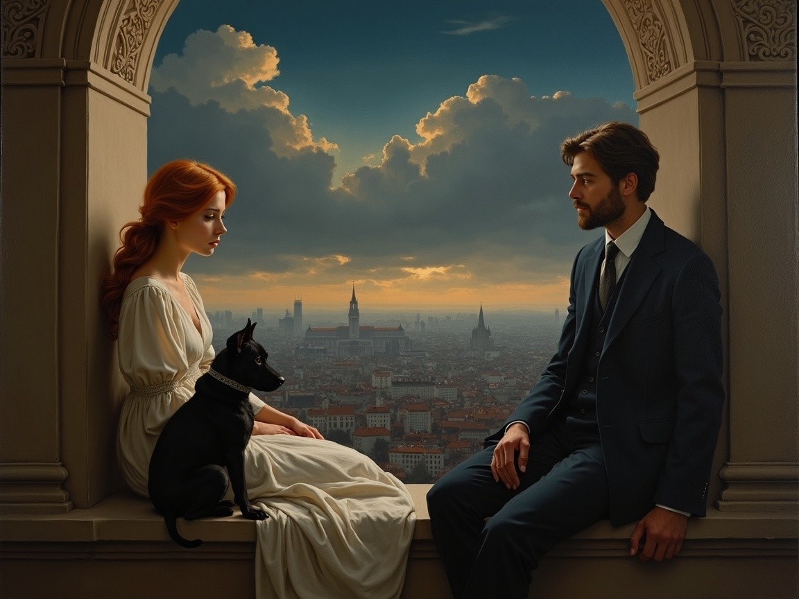 Couple in Evening Attire on Balcony with City View