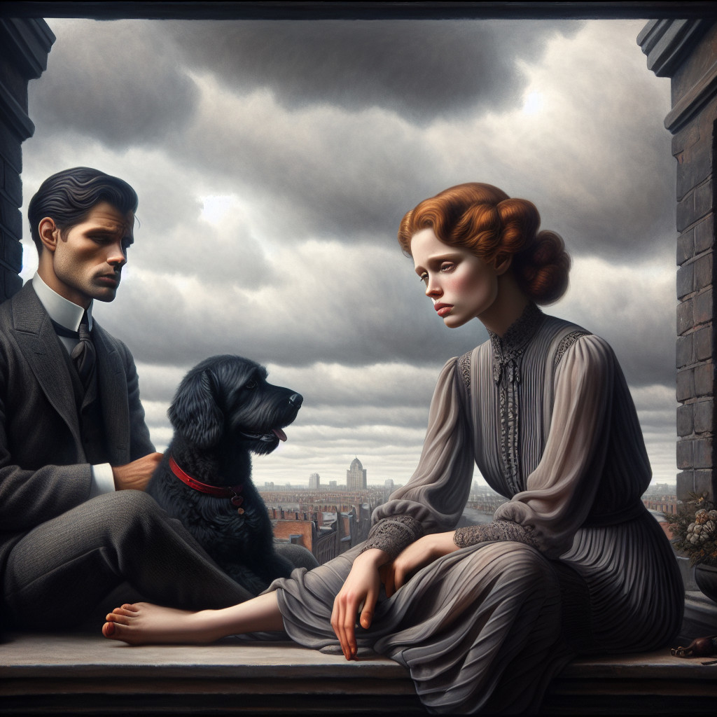 Contemplative Scene of a Couple with a Dog by Window