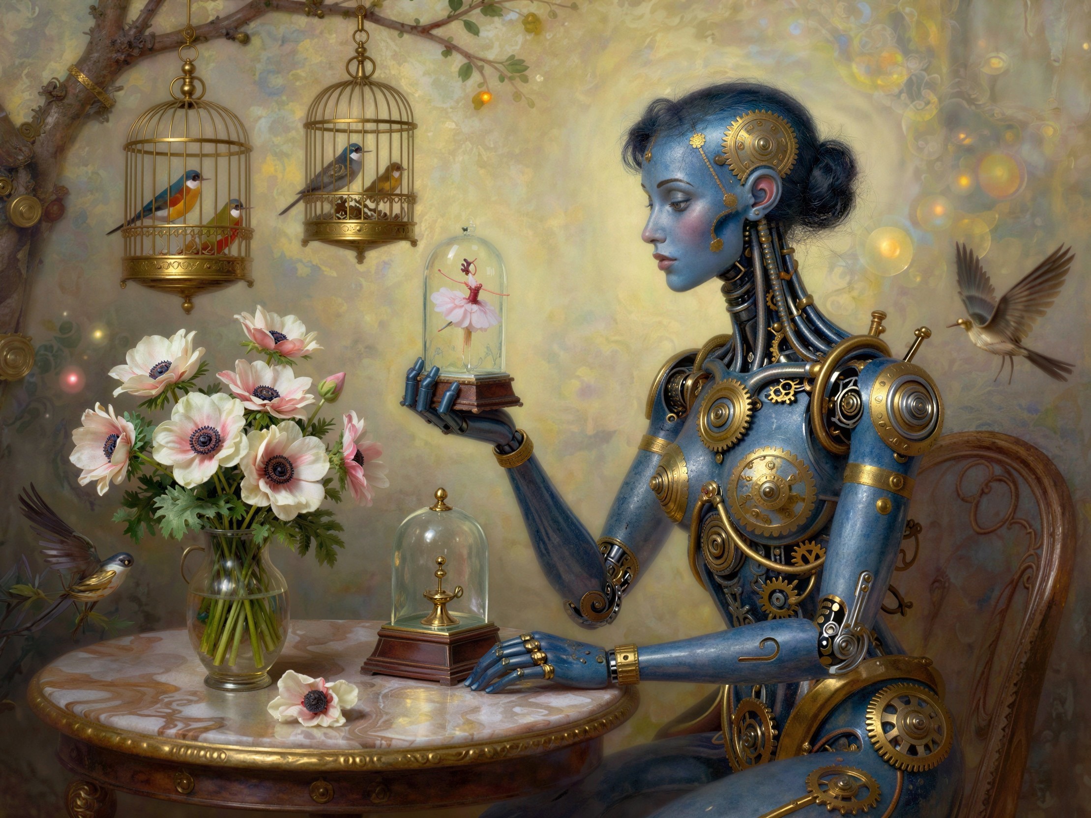 Steampunk Robot Woman with Ballerina and Birds