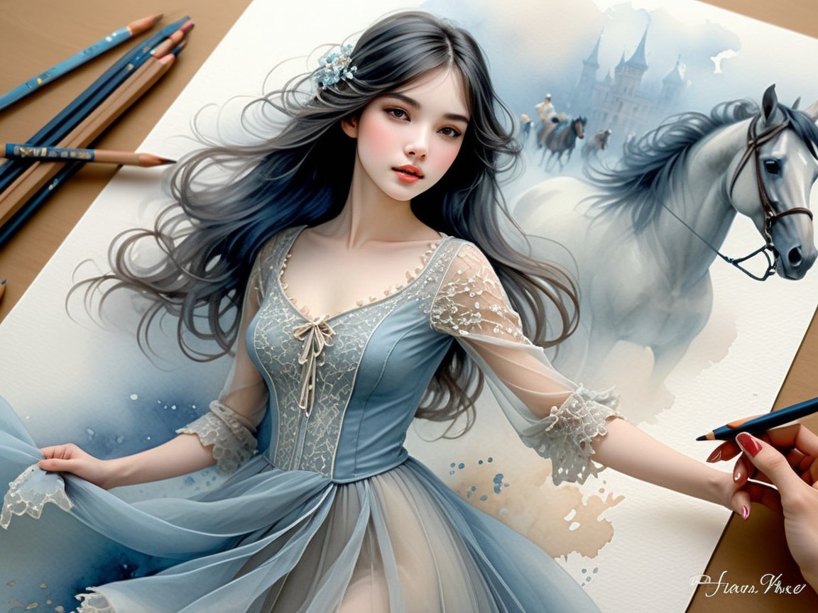 Young woman in blue gown with artistic setup and painting