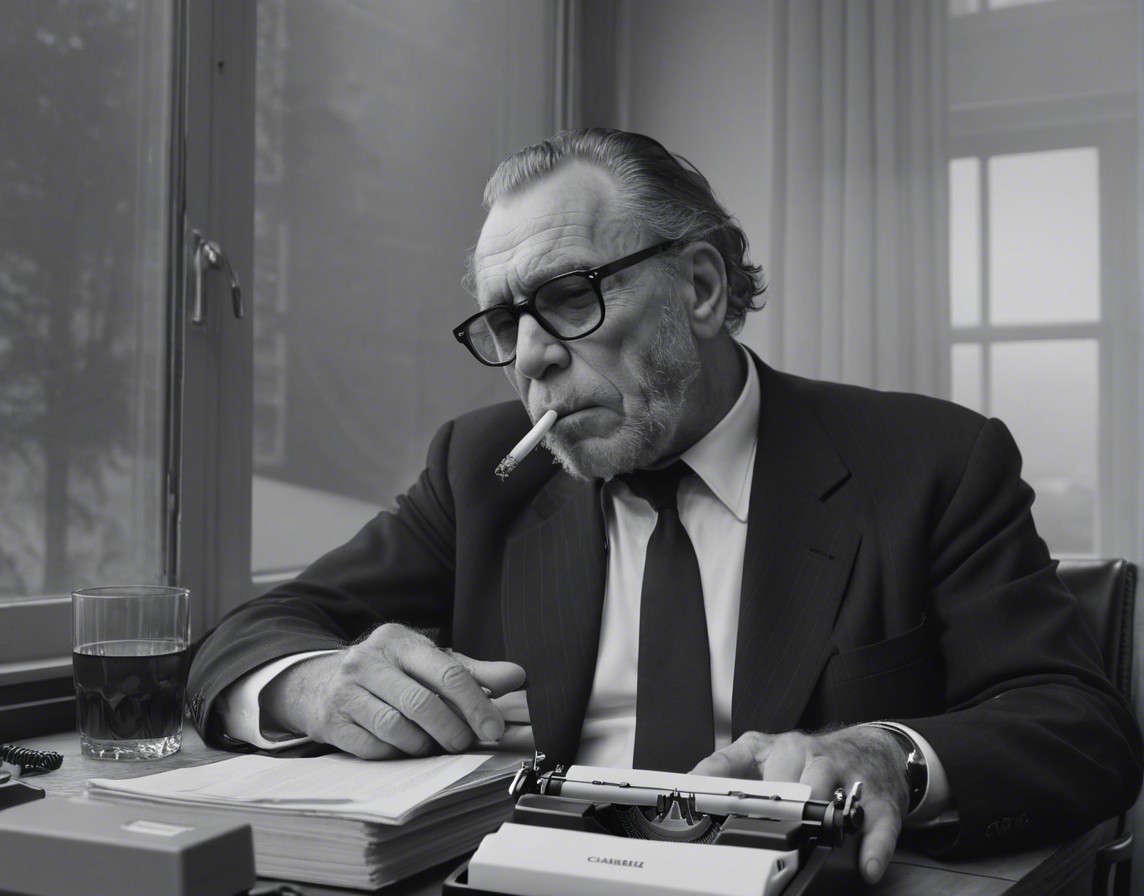 Distinguished Man in Suit at Desk with Whiskey and Typewriter