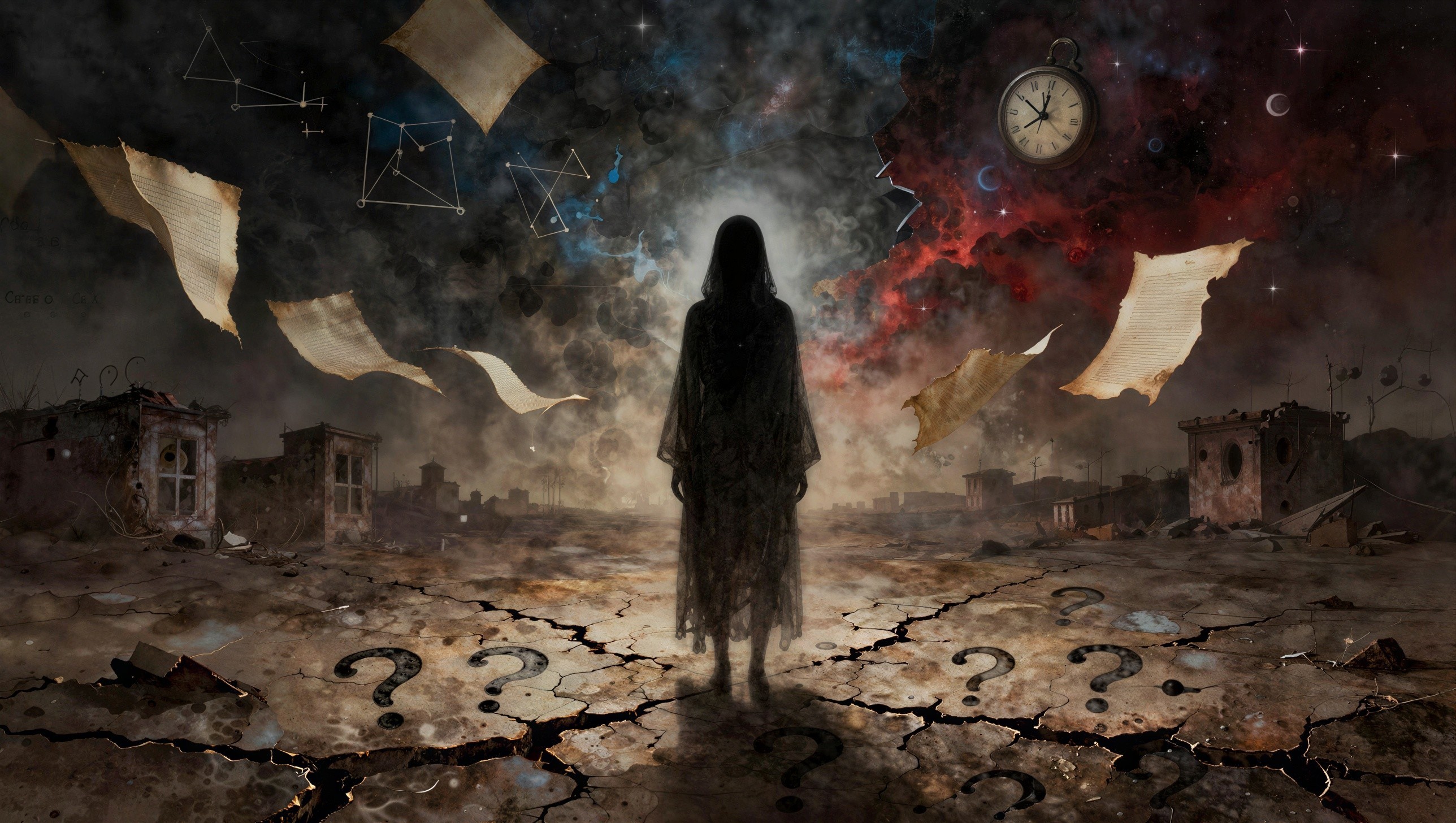 Ethereal Dark Figure in Post-Apocalyptic Landscape