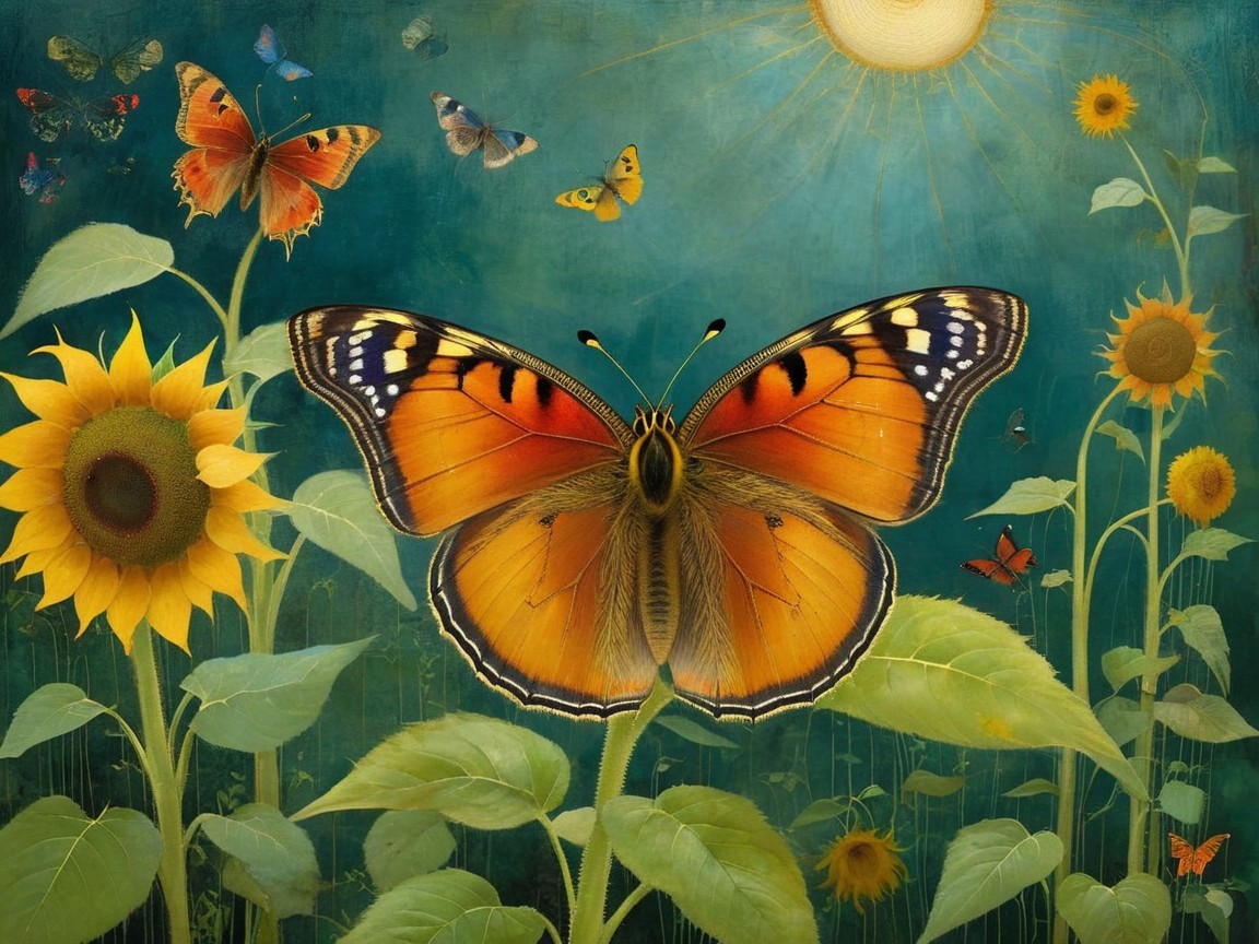 Large Orange and Black Butterfly Amidst Sunflowers