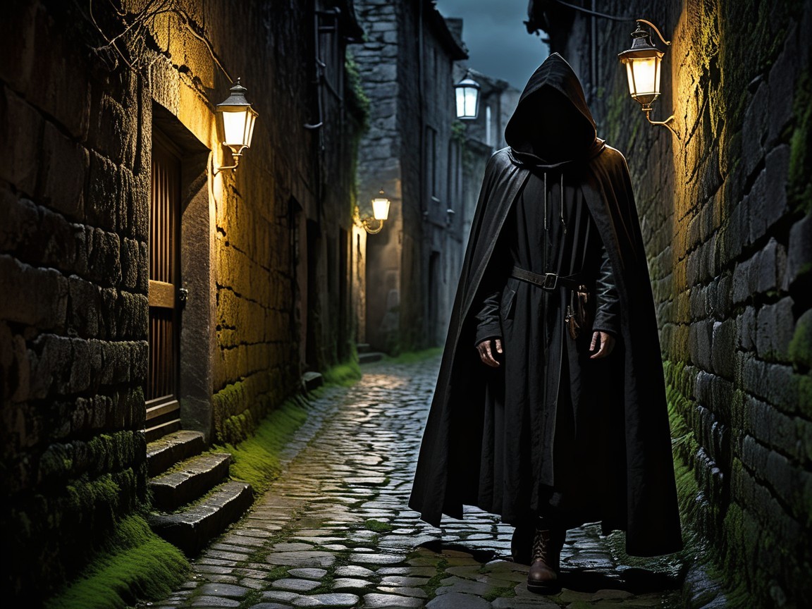 Cloaked Figure in a Lantern-Lit Cobblestone Alley