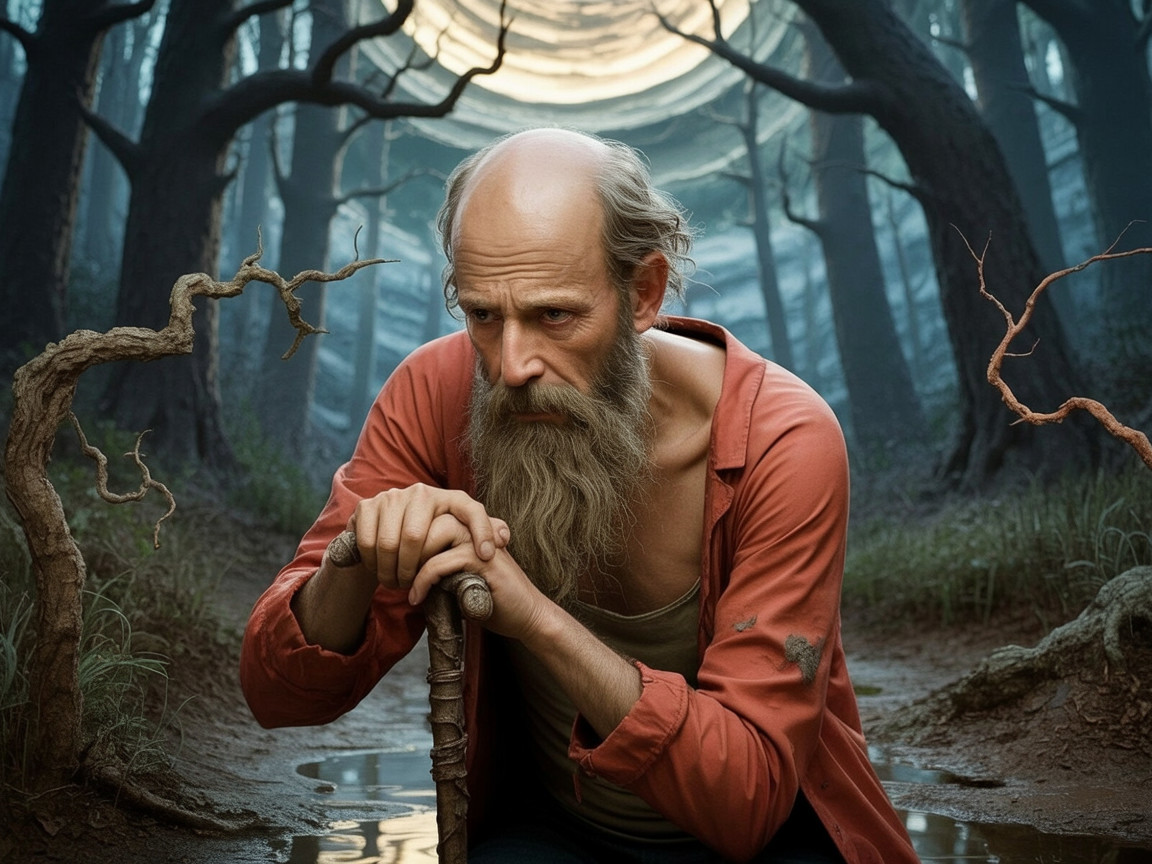 Elderly Man in Misty Forest with Wooden Staff