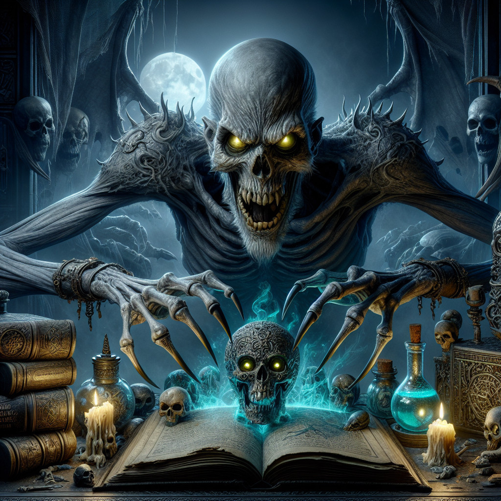 Skeletal Figure Over Ancient Book in Ominous Setting