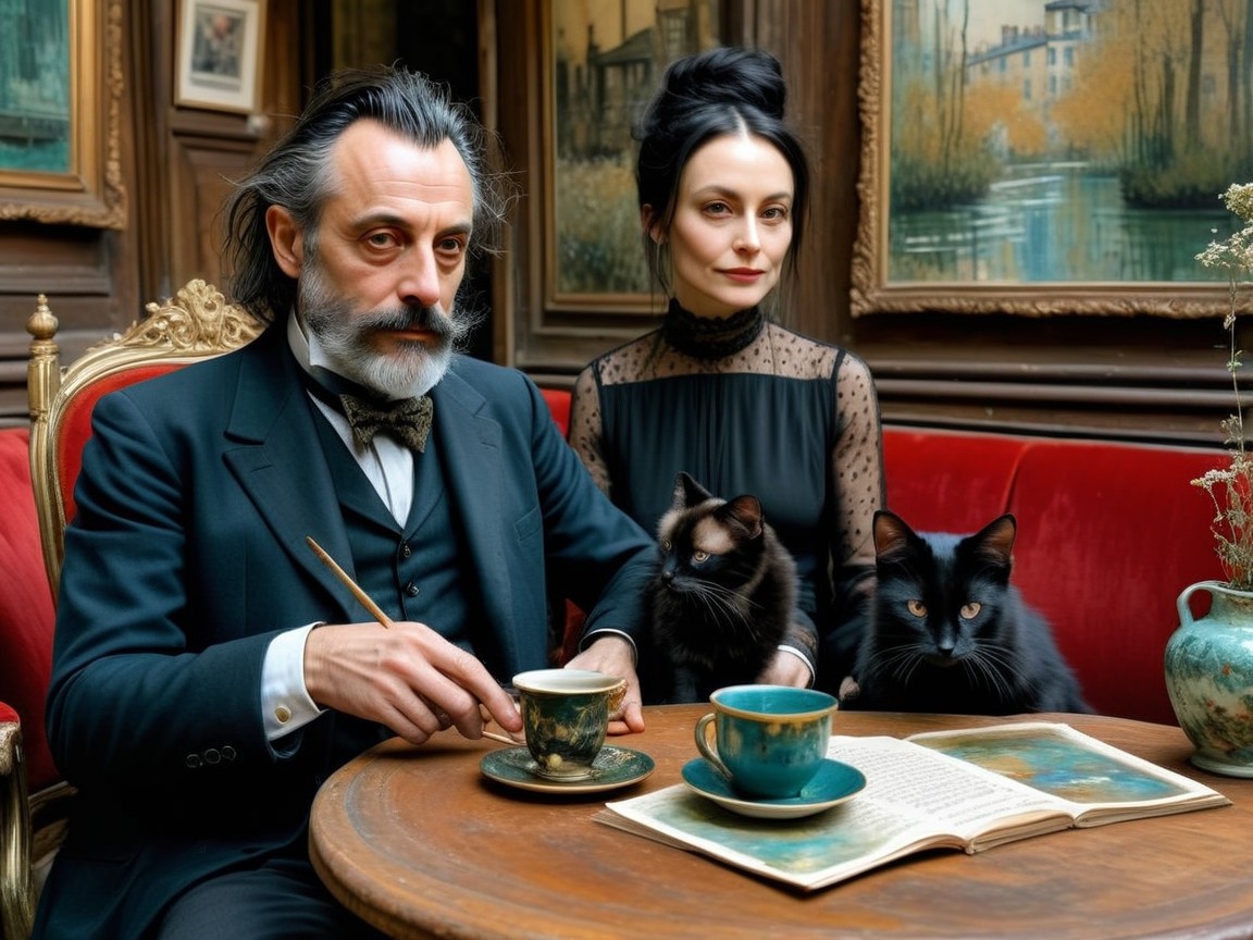 Elegant Room with Man, Woman, and Two Black Cats