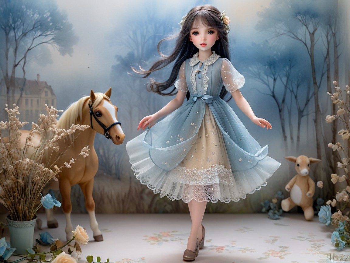 Styled Doll in Blue Dress with Horse Figurine