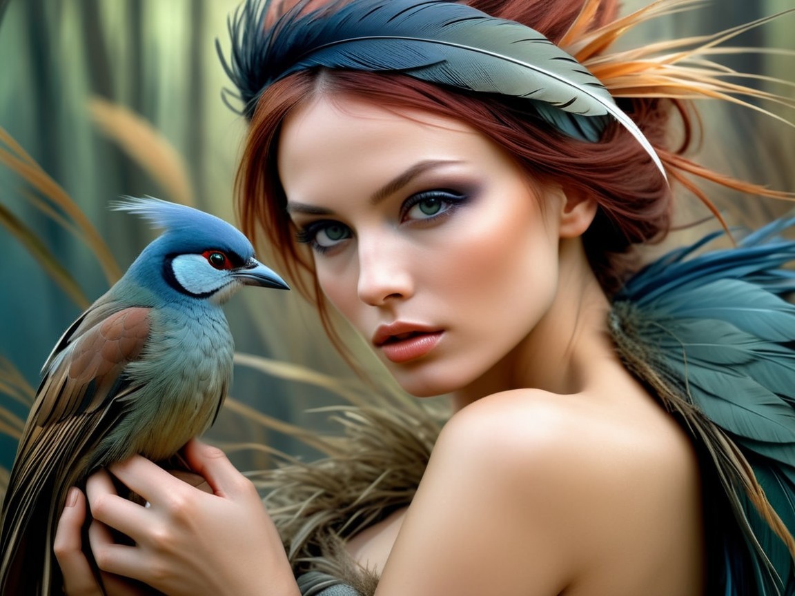 Woman with Red Hair and Colorful Bird in Nature