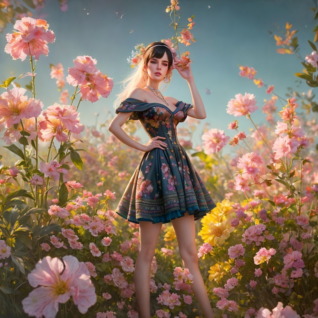 Woman in floral dress surrounded by lush flowers in soft-focus backdrop