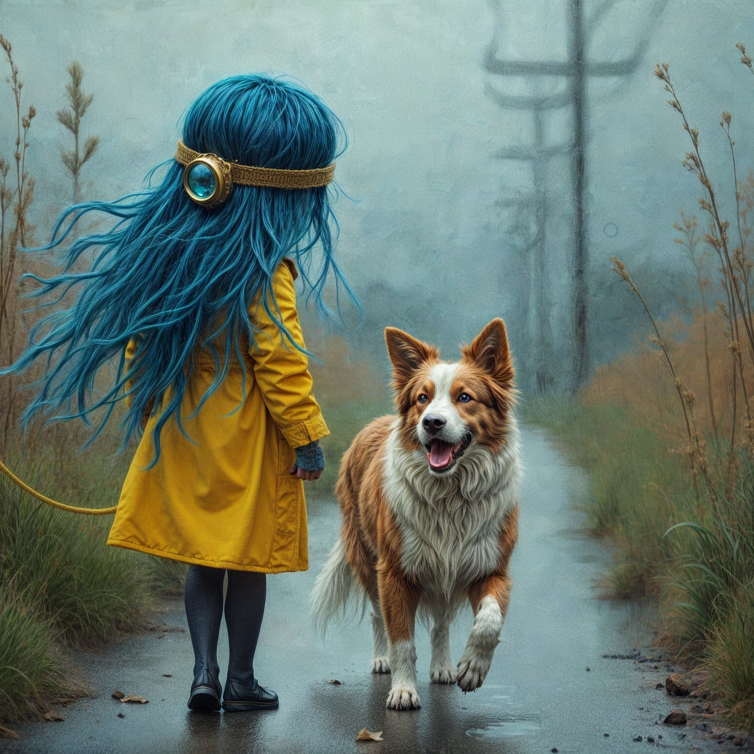 Whimsical Child and Dog on a Misty Pathway