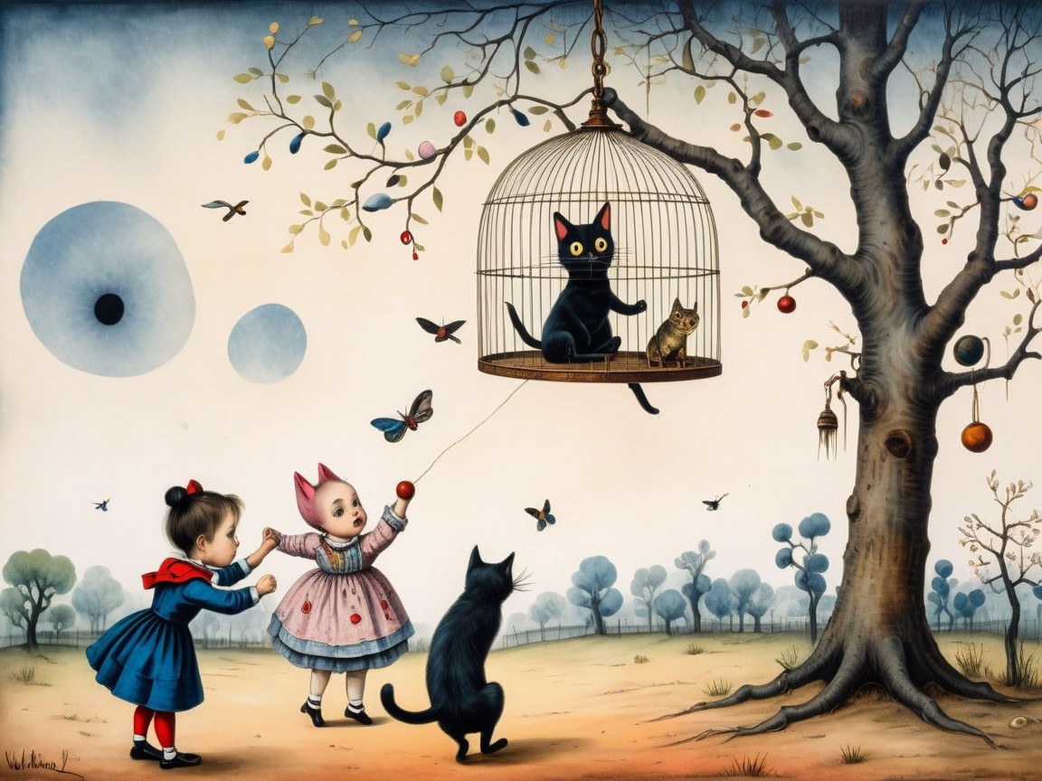 Children Playing Under a Tree in a Whimsical Landscape