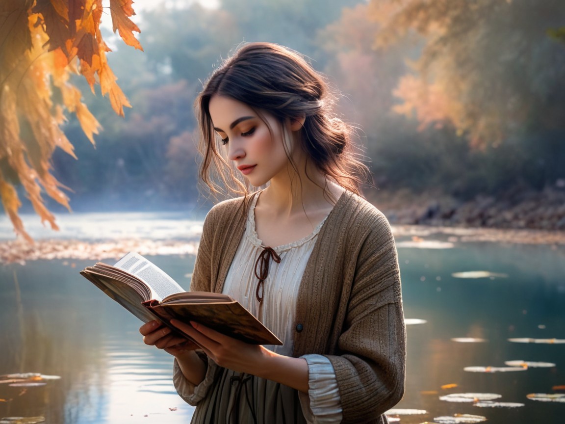 Young woman reading by a serene autumn river