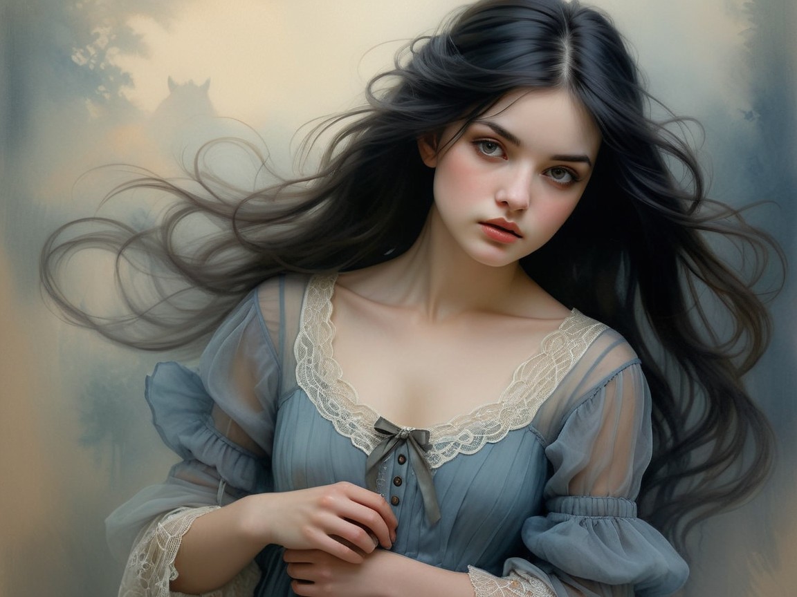Young woman in pale blue dress with ethereal background