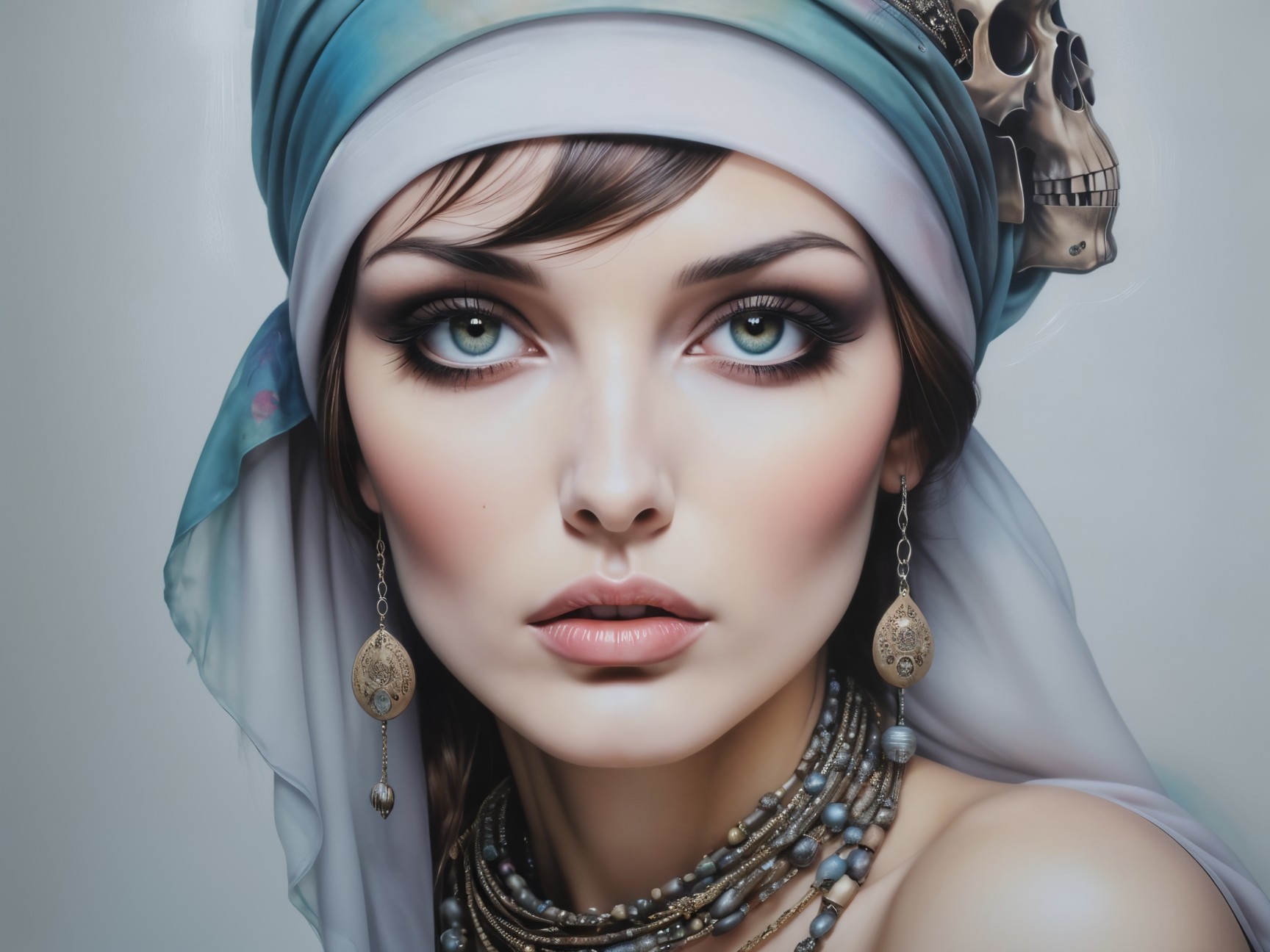 Portrait of a Young Woman with Green Eyes and Headscarf