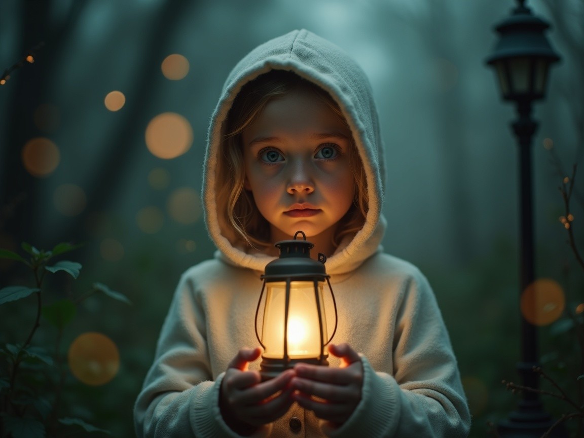 Misty Forest Scene with Girl and Glowing Lantern