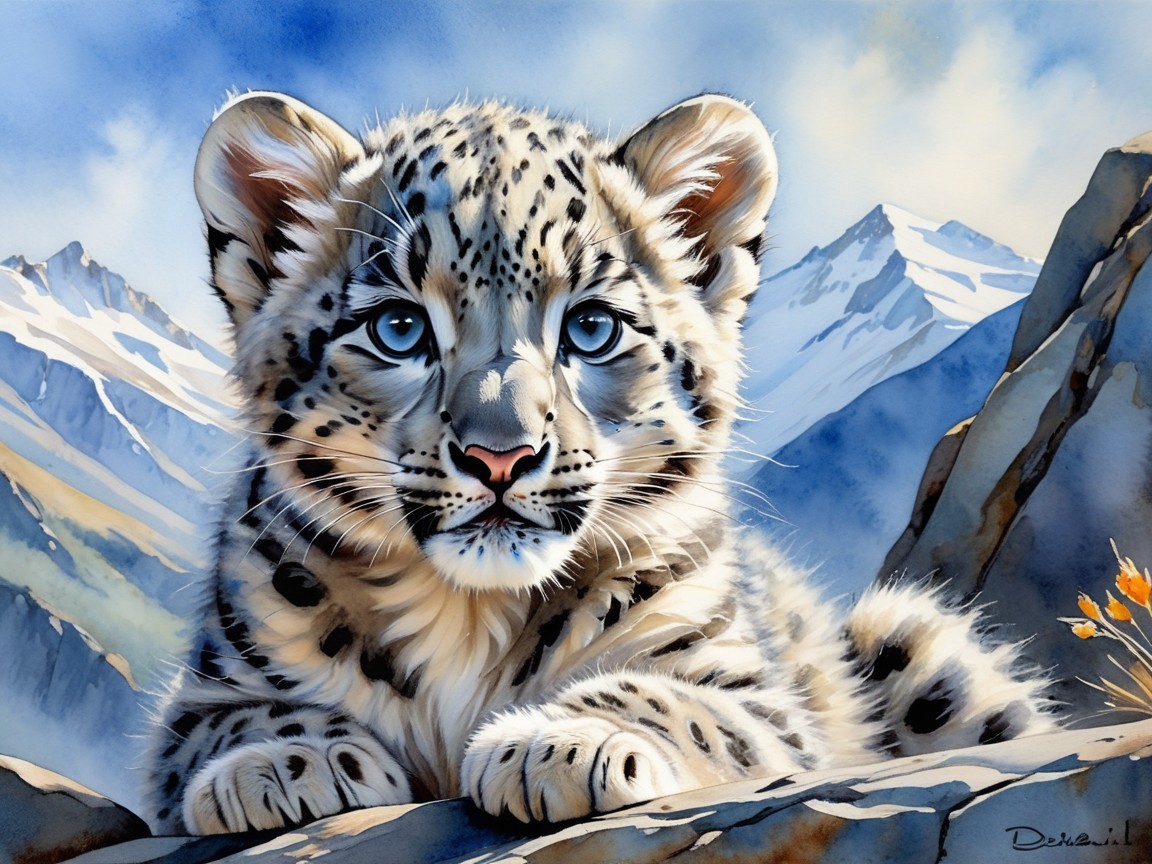 Snow Leopard Cub on Rocky Ledge in Mountain Habitat