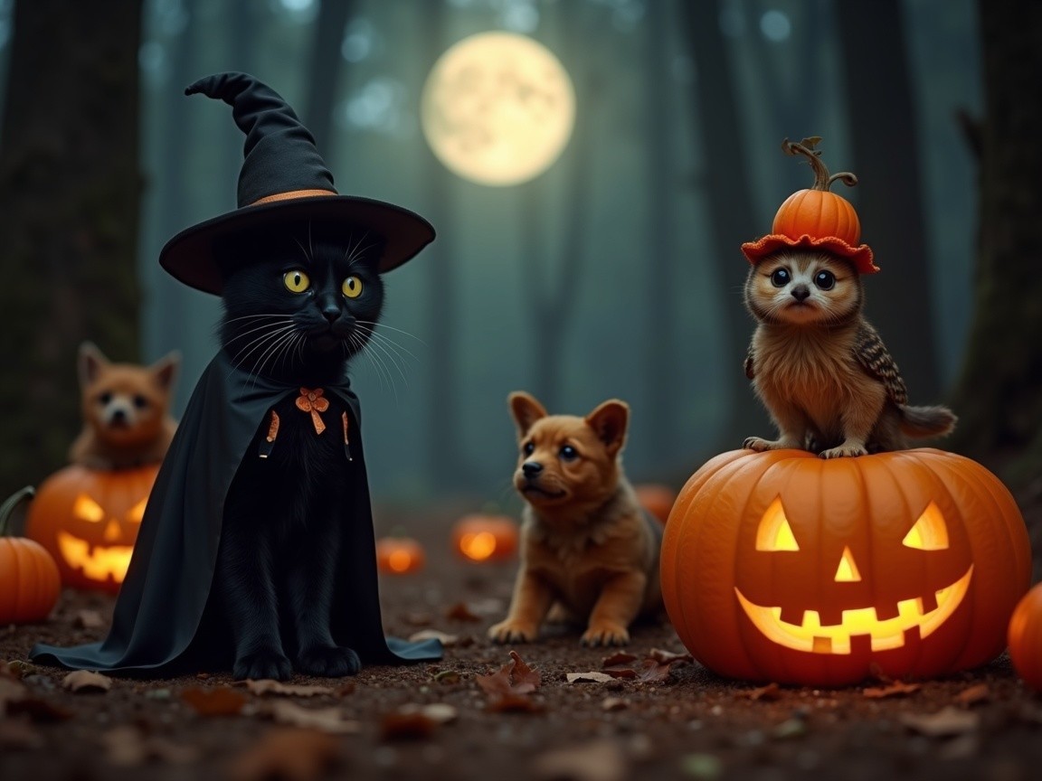 Whimsical Halloween Scene with Cat and Pumpkins
