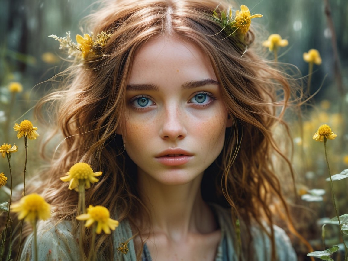 Young woman with flowers in hair amid greenery