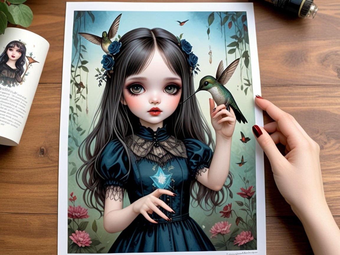 Whimsical Portrait of Girl with Hummingbird and Roses