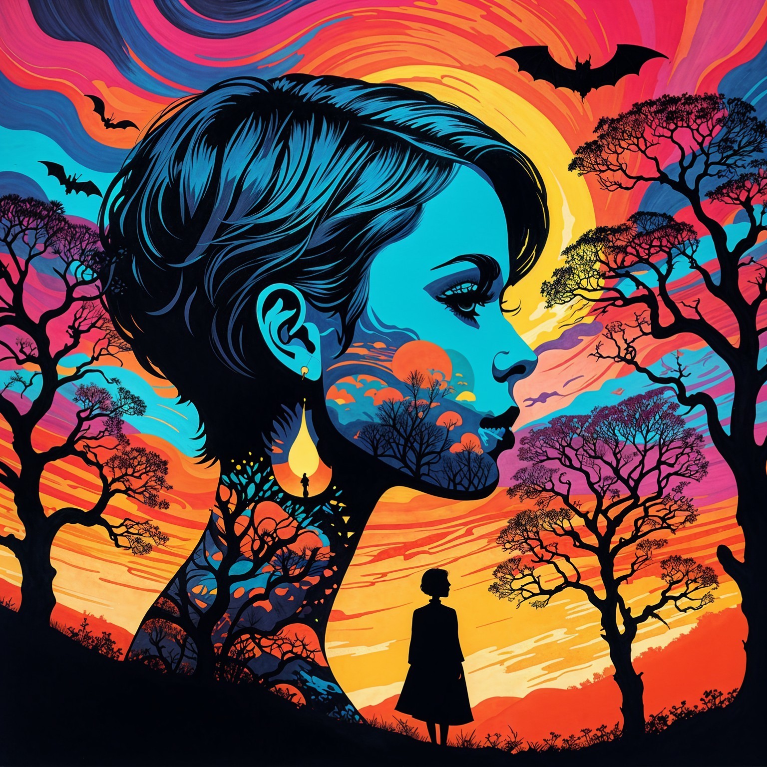 Silhouette of a Woman's Profile with Vibrant Designs