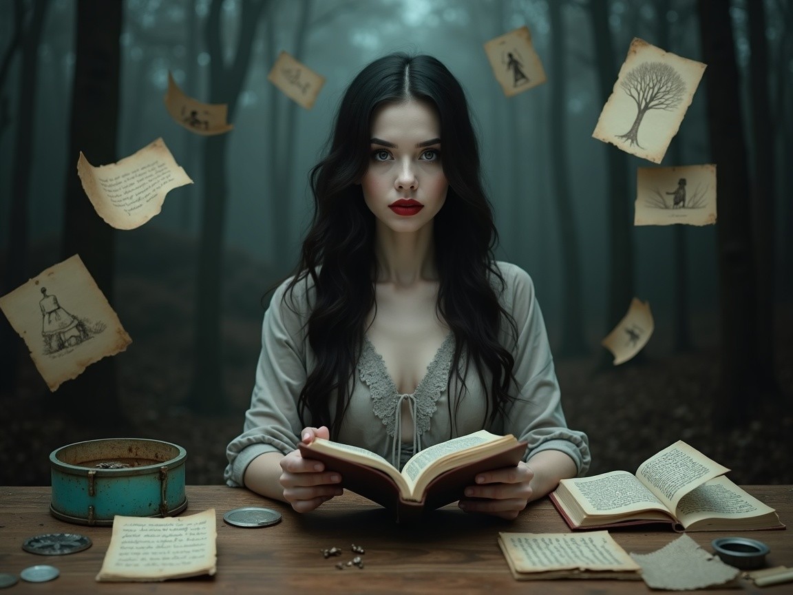 Young woman reading in an enchanted forest setting