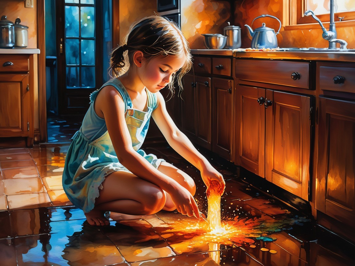 Young girl in blue dress admires spilled candies in kitchen