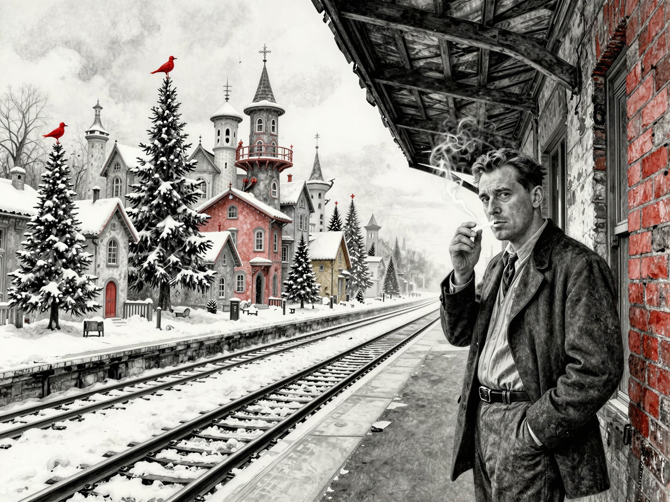 Illustration of a Man Smoking on a Snowy Platform