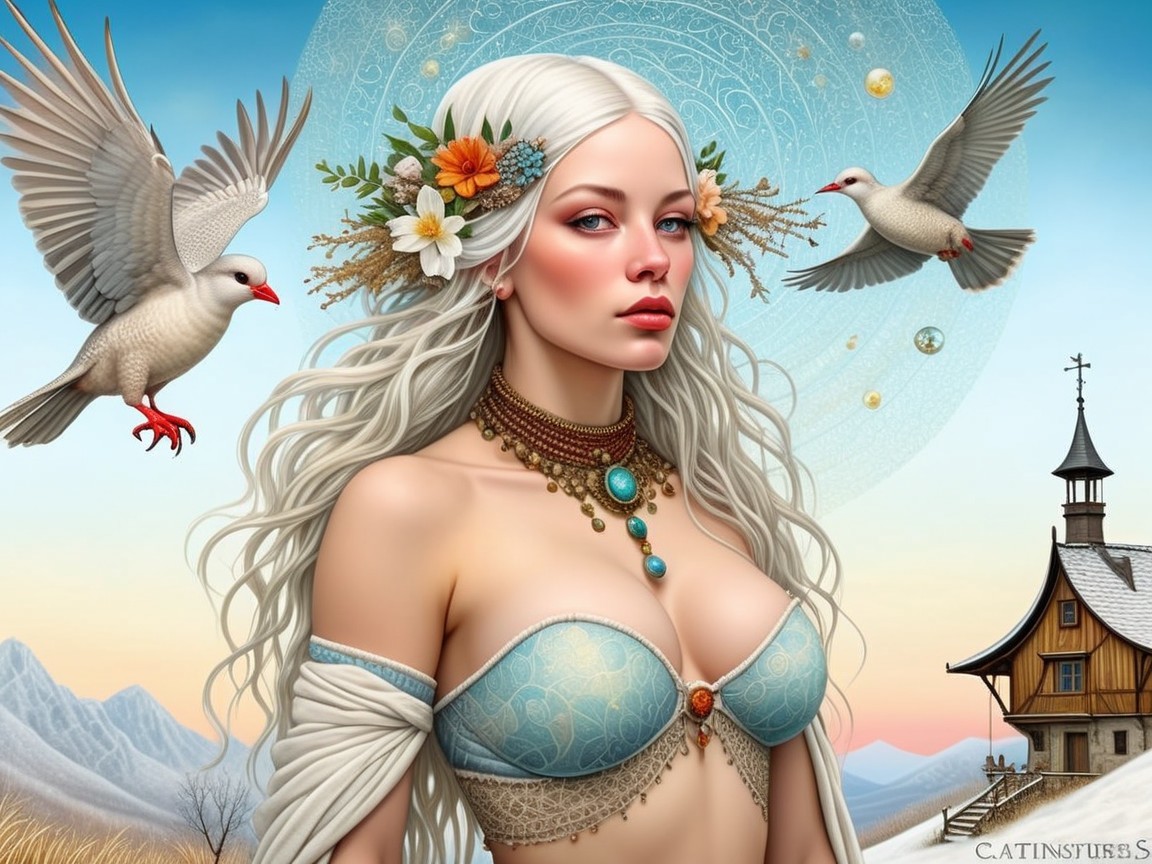 Woman with White Hair and Doves in Enchanting Scene