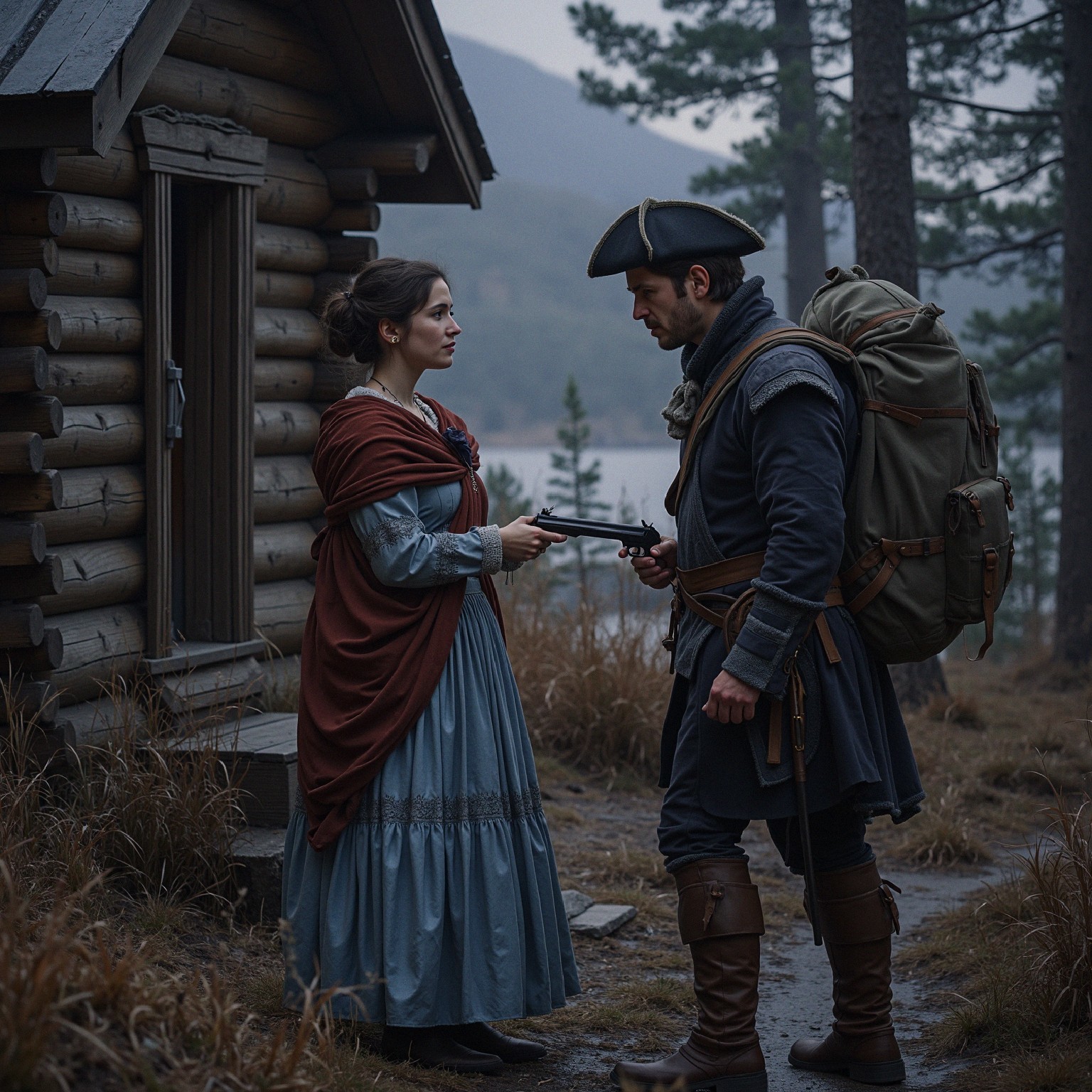 Misty Landscape with Woman and Soldier by Cabin