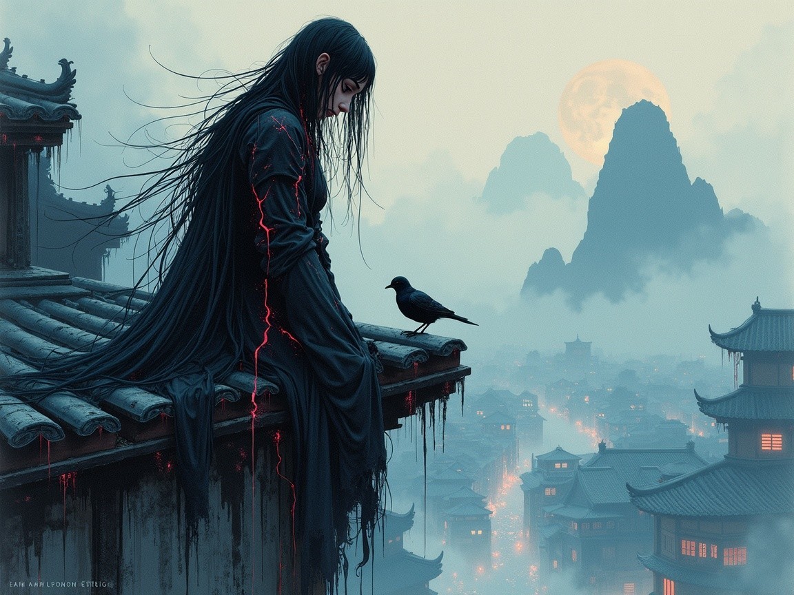 Mystical Rooftop Scene with Asian Architecture and Crow