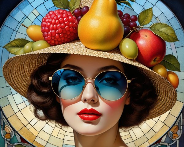 Young Woman in Colorful Hat with Stained Glass Background