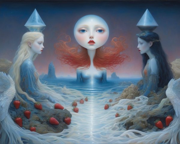 Dreamlike Painting of Women in Water with Blue Tones