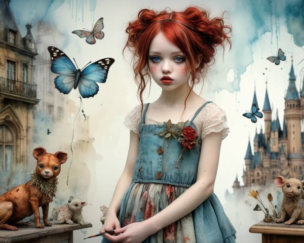 Young girl with red hair in a whimsical setting