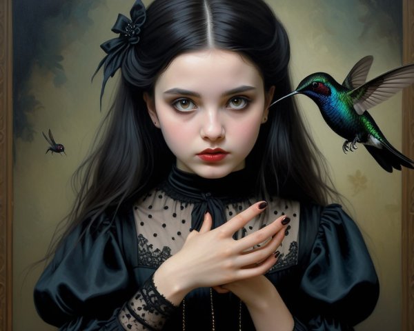 Young girl in Victorian dress with hummingbird companion