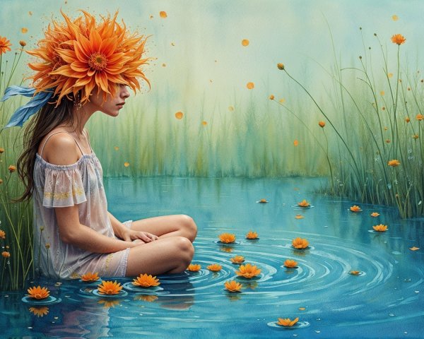 Girl in a tranquil pond with vibrant orange flowers