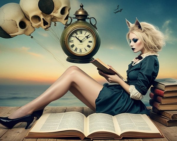 Whimsical Scene of Young Woman Reading by the Sea