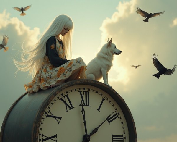 Girl with White Hair on Clock with Dog and Birds