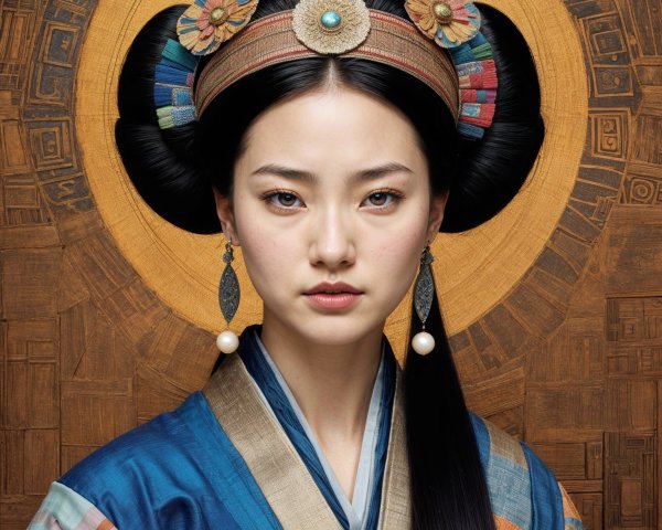 Traditional Woman in Blue Kimono with Floral Headdress