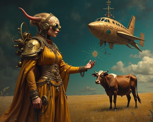 Woman in Golden Attire with Horns in Surreal Landscape