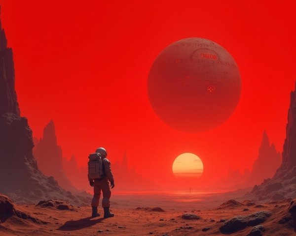 Astronaut on Red Landscape with Celestial Body and Sunset