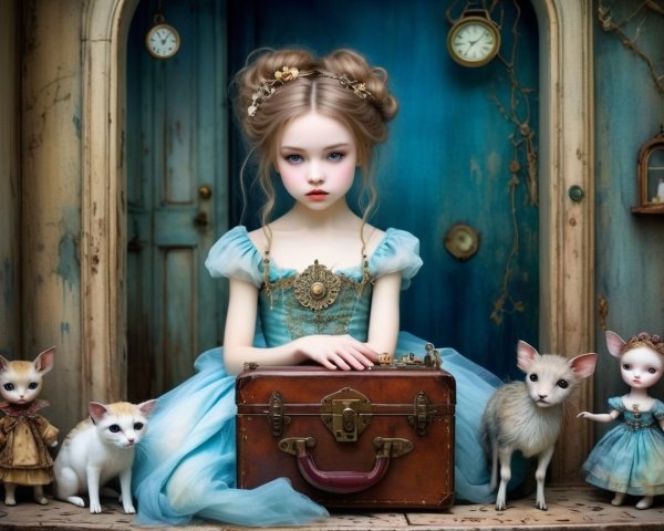 Whimsical Scene of a Girl with Enchanting Creatures