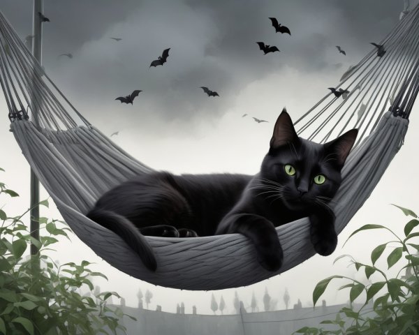 Black Cat in Hammock with Eerie Gray Background