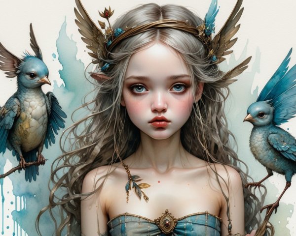 Mystical girl with silver hair and blue birds in art